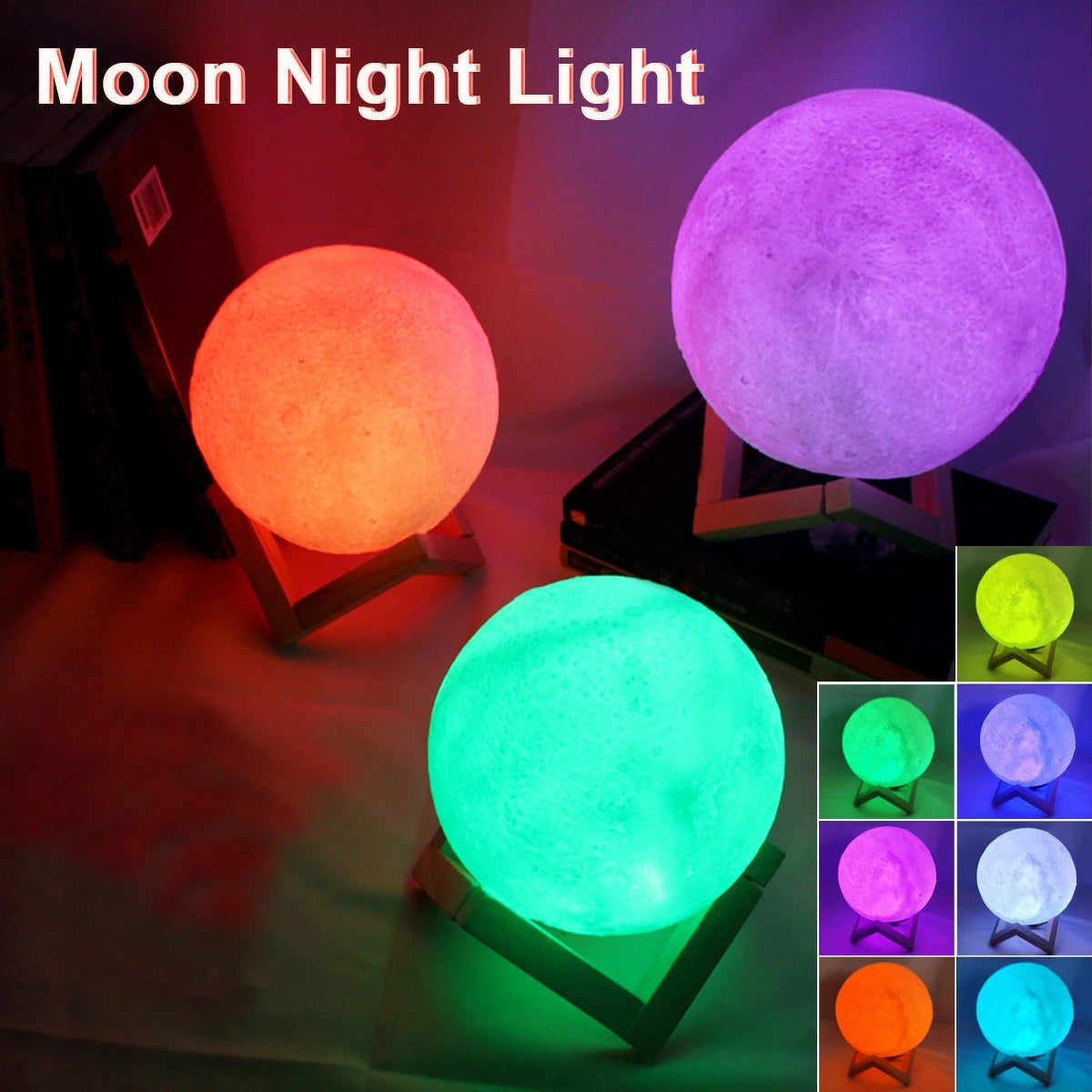 D5 8Cm Moon Lamp LED Night Light Battery Powered with Stand Starry Lamp Bedroom Decor Night Lights