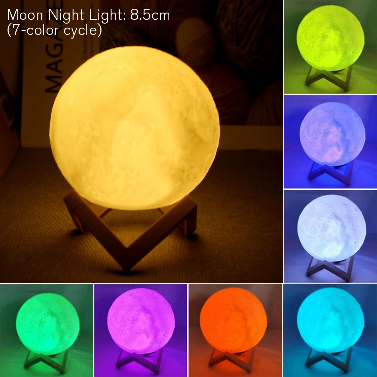 D5 8Cm Moon Lamp LED Night Light Battery Powered with Stand Starry Lamp Bedroom Decor Night Lights