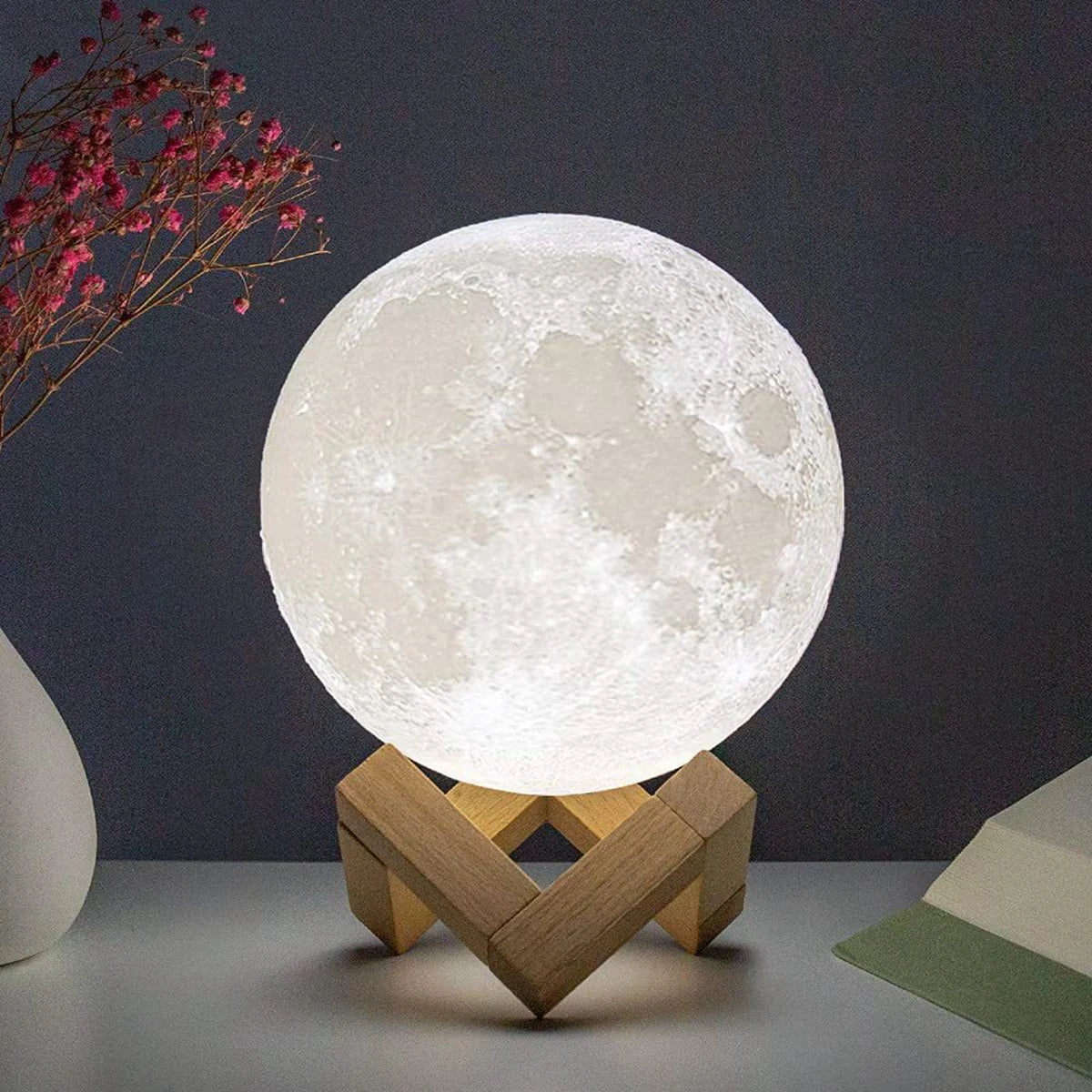 D5 8Cm Moon Lamp LED Night Light Battery Powered with Stand Starry Lamp Bedroom Decor Night Lights