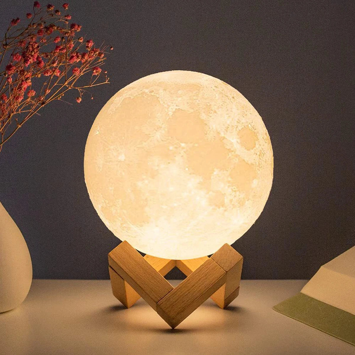 D5 8Cm Moon Lamp LED Night Light Battery Powered with Stand Starry Lamp Bedroom Decor Night Lights